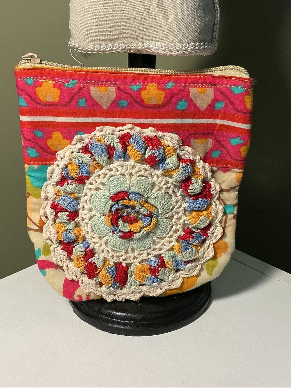 Handmade Colorful Boho Crochet Accent Cosmetic Small Pouch - Multicolor